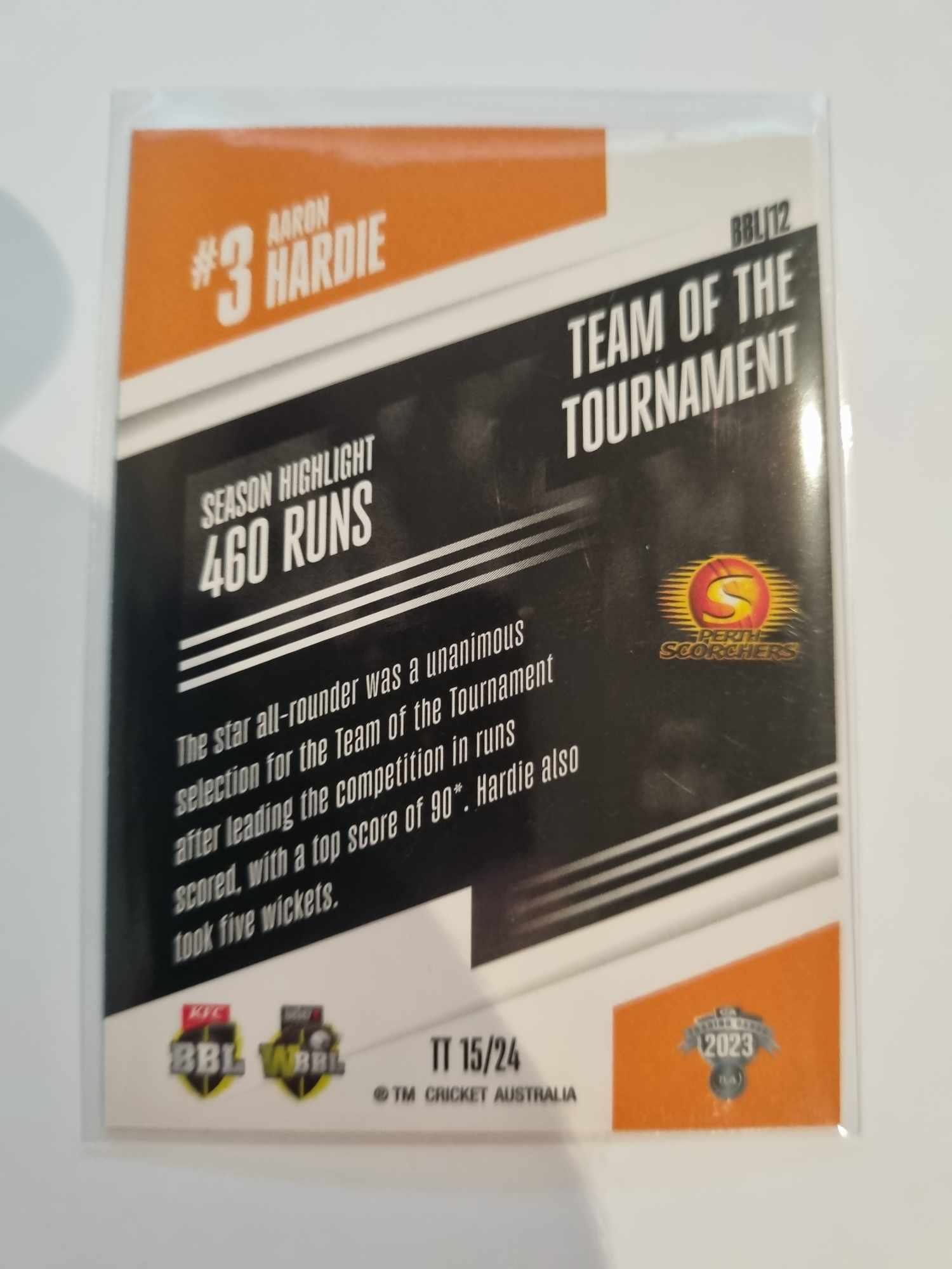 2023 Cricket Australia trading cards insert series 22/23 Team of the Tournament featuring Aaron Hardie of the Scorchers.