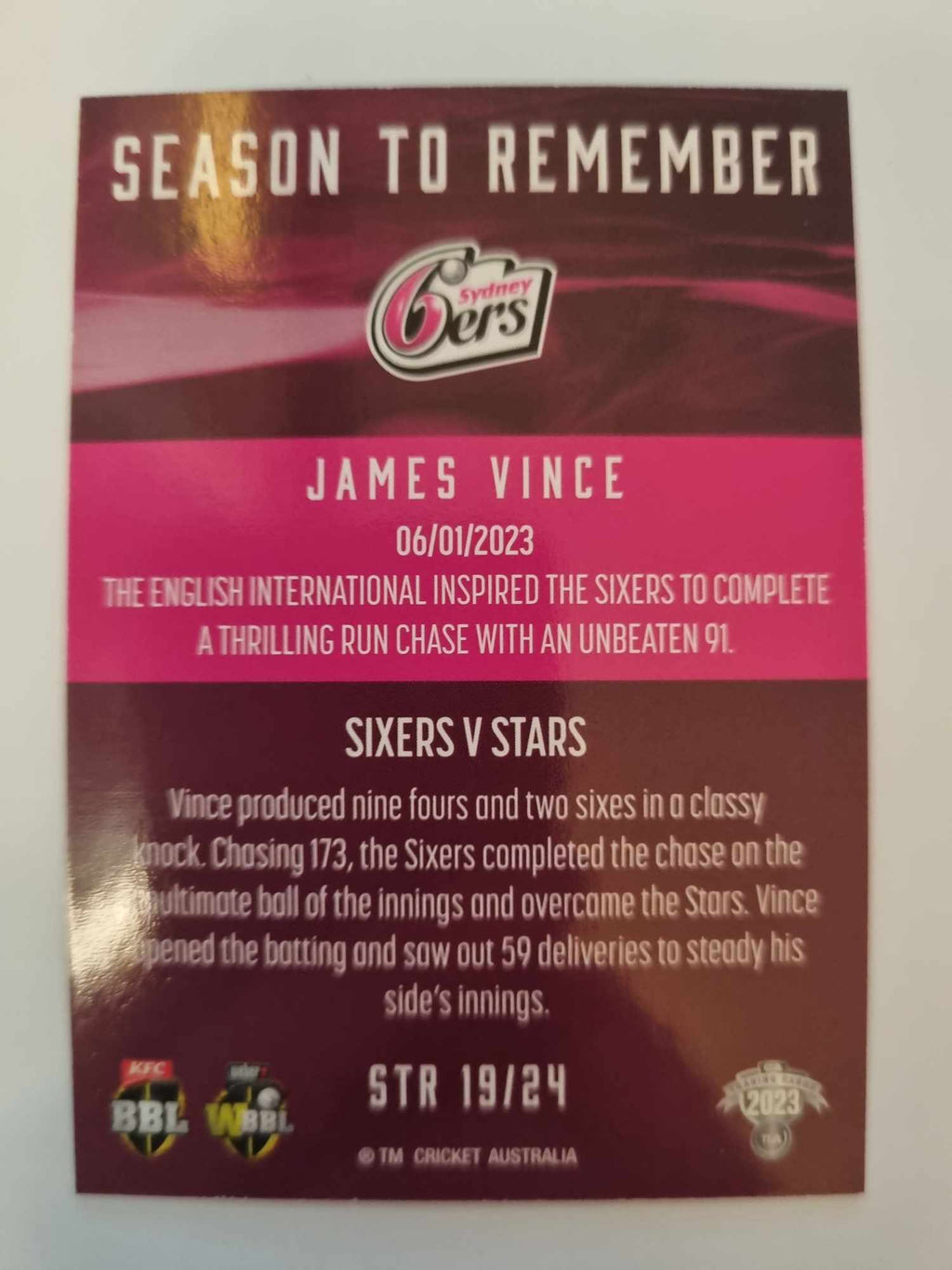 2023 Cricket Australia trading cards. 2022/23 Season to Remember insert series featuring James Vince of the Sixers