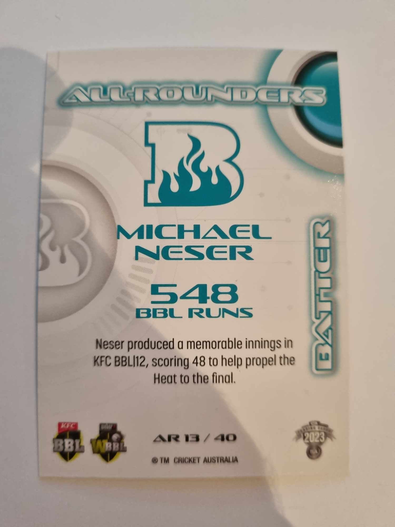 2023 Cricket Australia trading cards. All-Rounders insert series featuring Michael Neser of the Heat.