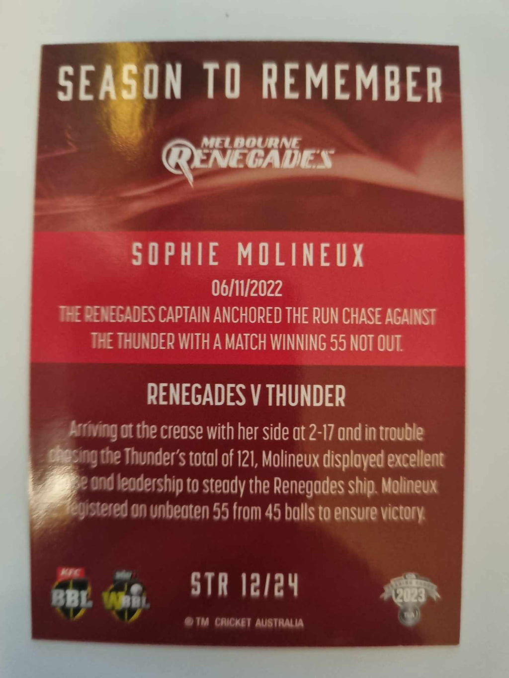 2023 Cricket Australia trading cards. 2022/23 Season to Remember insert series featuring Sophie Molineux of the Renegades.