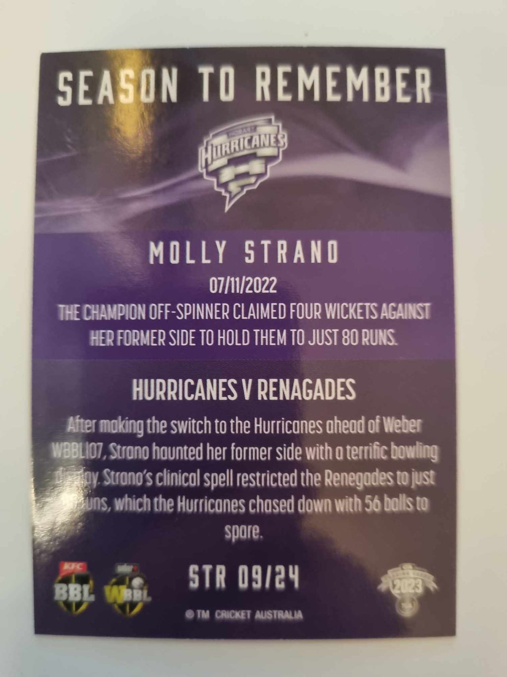 2023 Cricket Australia trading cards. 2022/23 Season to Remember insert series featuring Molly Strano of the Hurricanes.