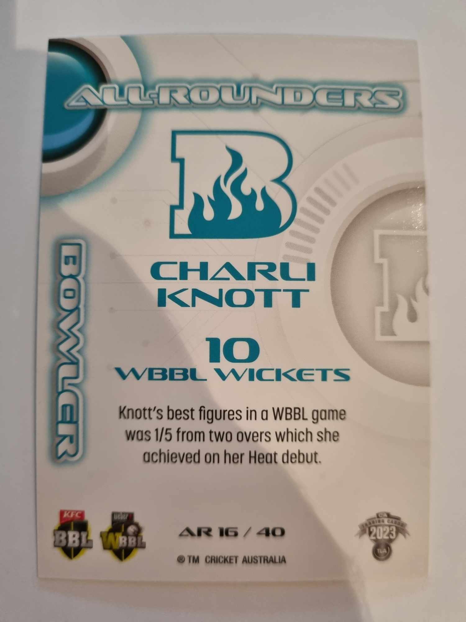 2023 Cricket Australia trading cards. All-Rounders insert series featuring Charli Knott of the Heat.