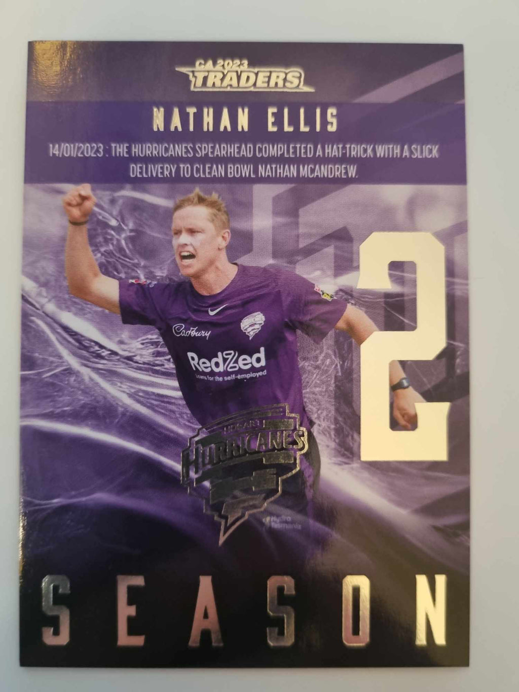 2023 Cricket Australia trading cards. 2022/23 Season to Remember insert series featuring Nathan Ellis of the Hurricanes.