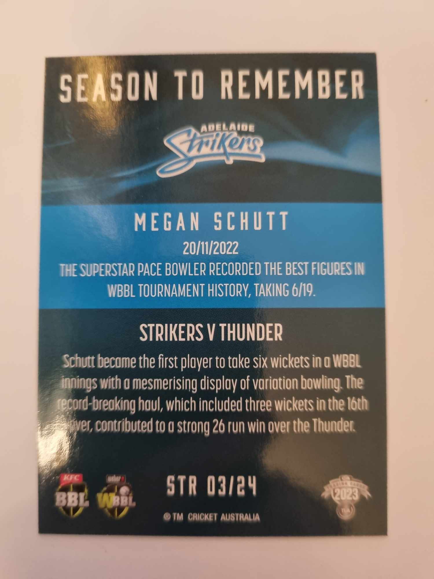 2023 Cricket Australia trading cards. 2022/23 Season to Remember insert series featuring Megan Schutt of the Strikers.