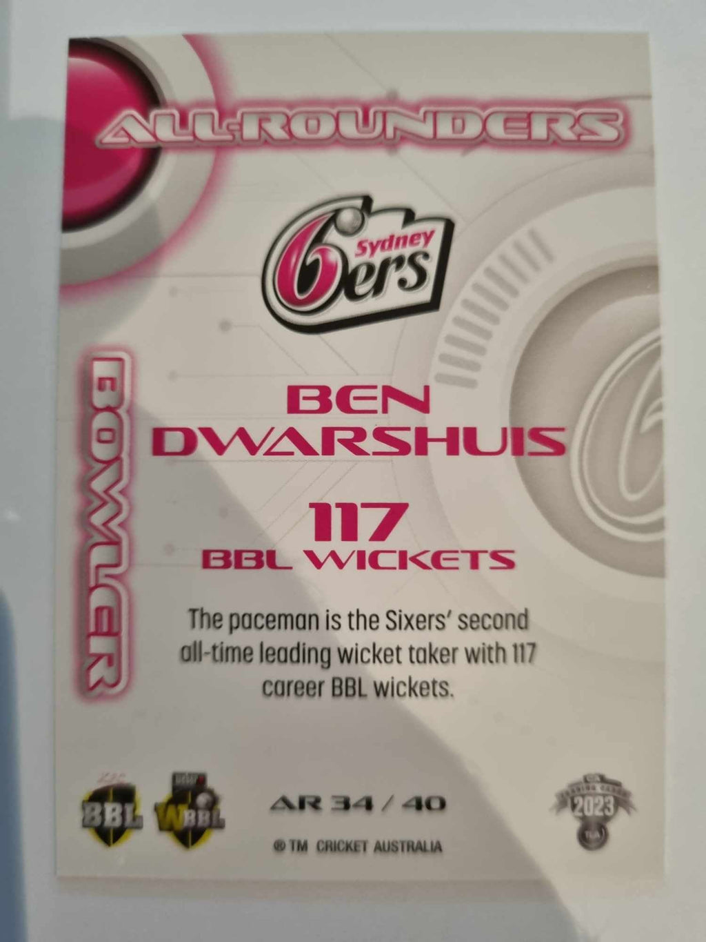 2023 Cricket Australia trading cards. All-Rounders insert series featuring Ben Dwarshuis of the Sixers.