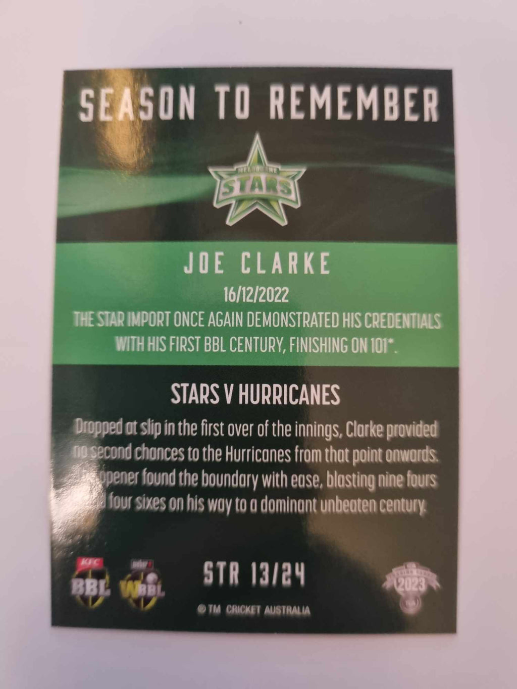 2023 Cricket Australia trading cards. 2022/23 Season to Remember insert series featuring Joe Clarke of the Stars.