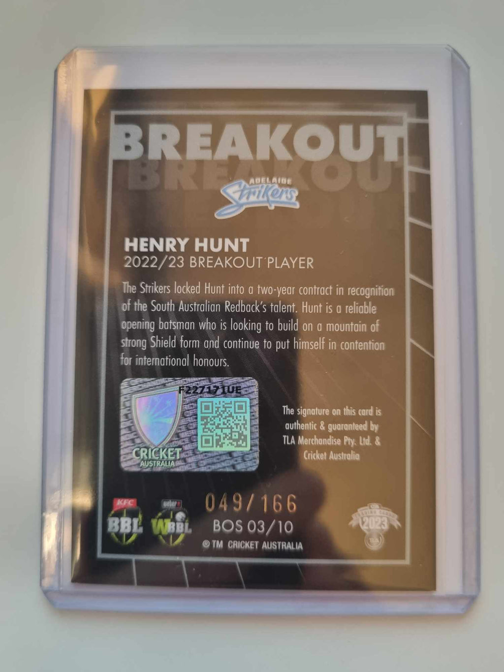 2023 Cricket Australia trading cards. Breakouts Black Signature featuring Henry Hunt of the Adelaide Strikers numbered #049/166.
