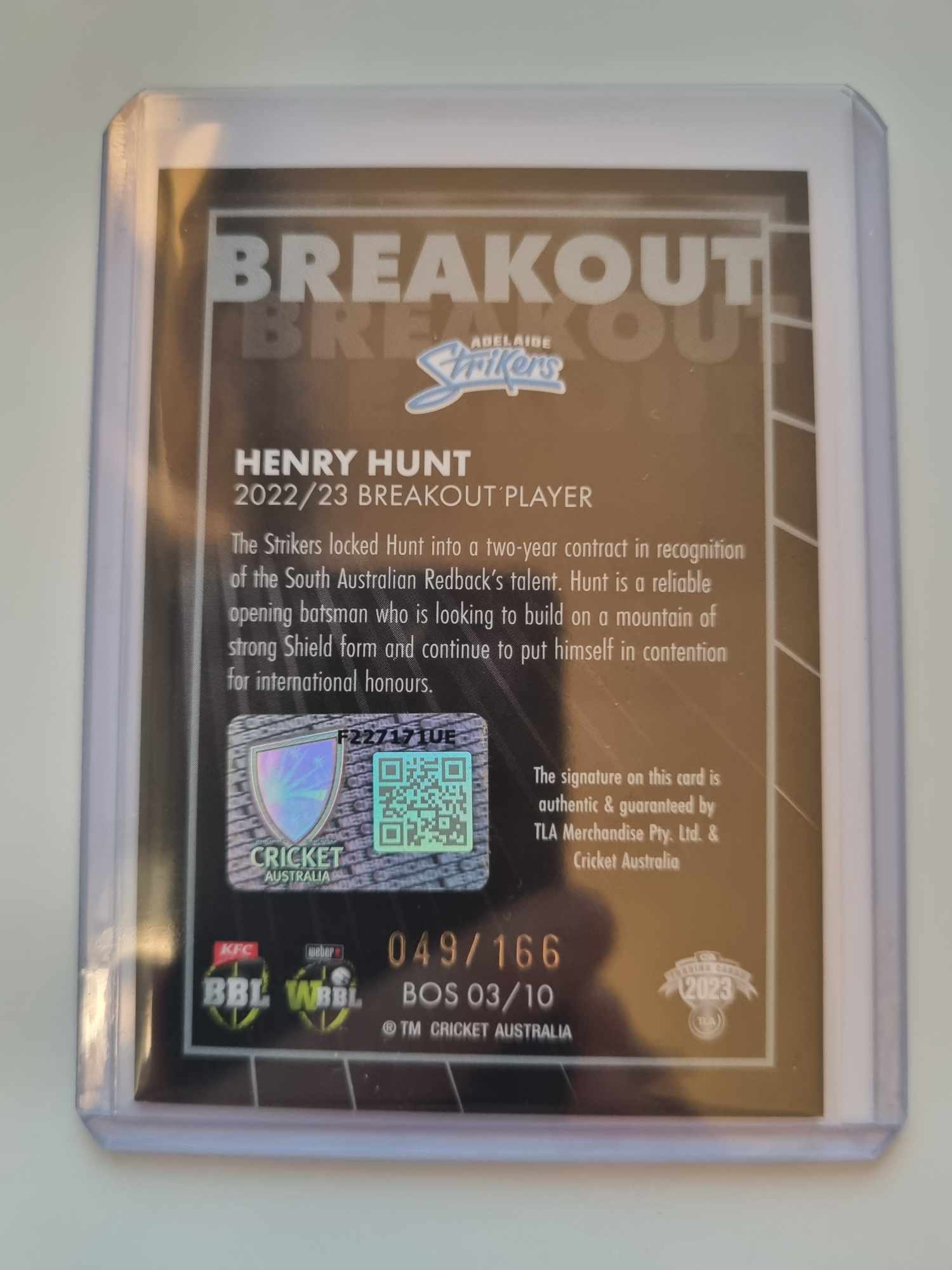 2023 Cricket Australia trading cards. Breakouts Black Signature featuring Henry Hunt of the Adelaide Strikers numbered #049/166.