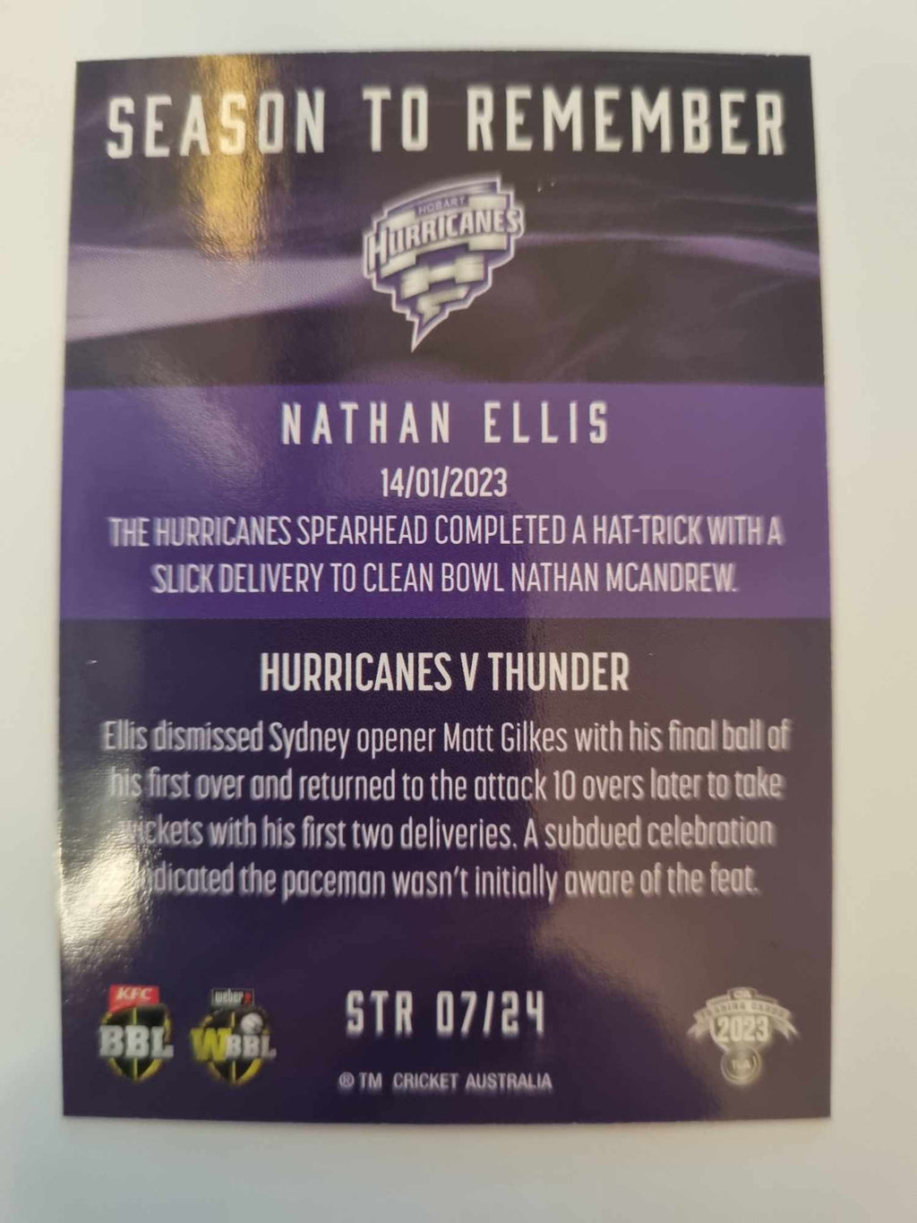 2023 Cricket Australia trading cards. 2022/23 Season to Remember insert series featuring Nathan Ellis of the Hurricanes.