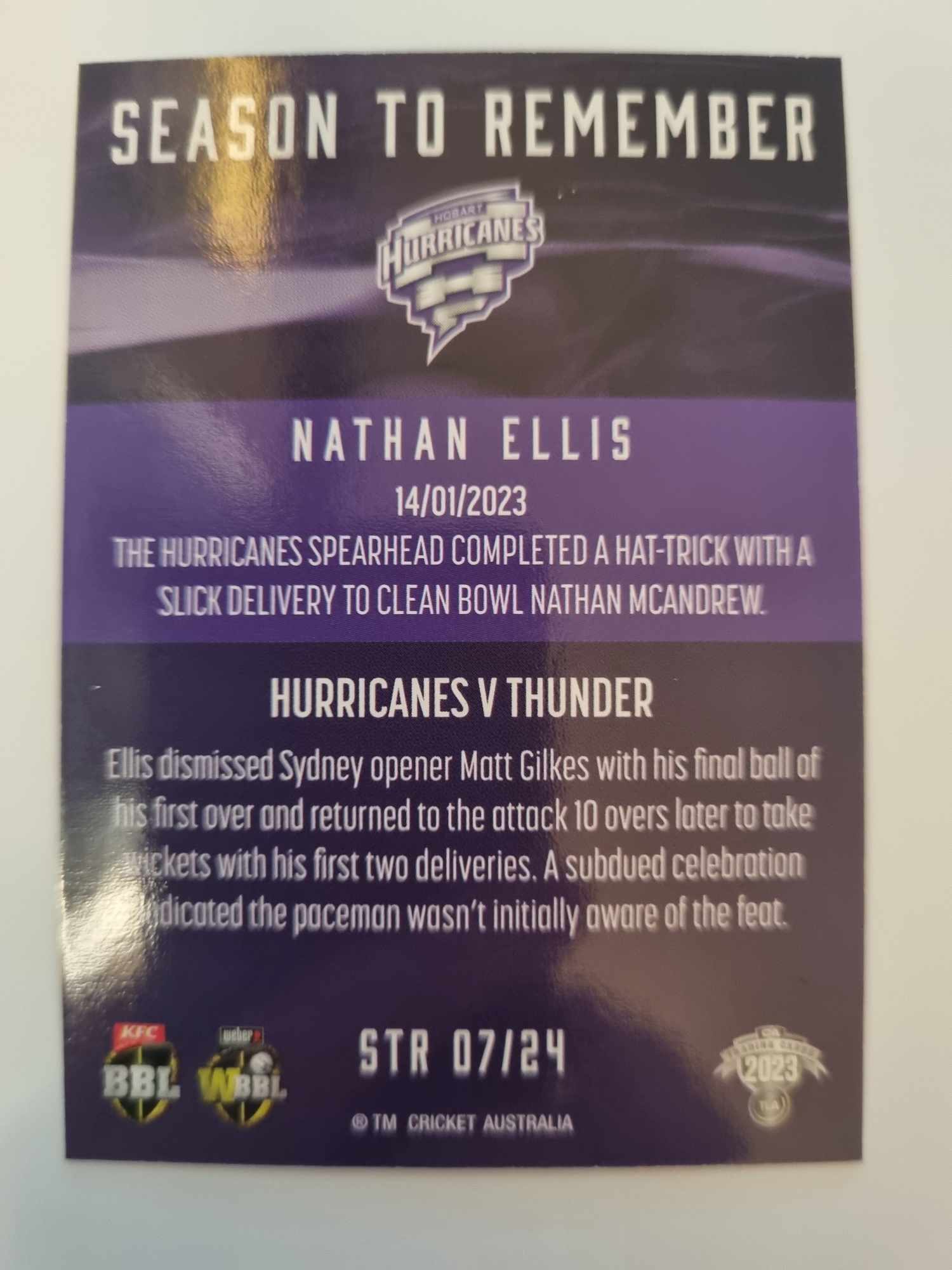 2023 Cricket Australia trading cards. 2022/23 Season to Remember insert series featuring Nathan Ellis of the Hurricanes.
