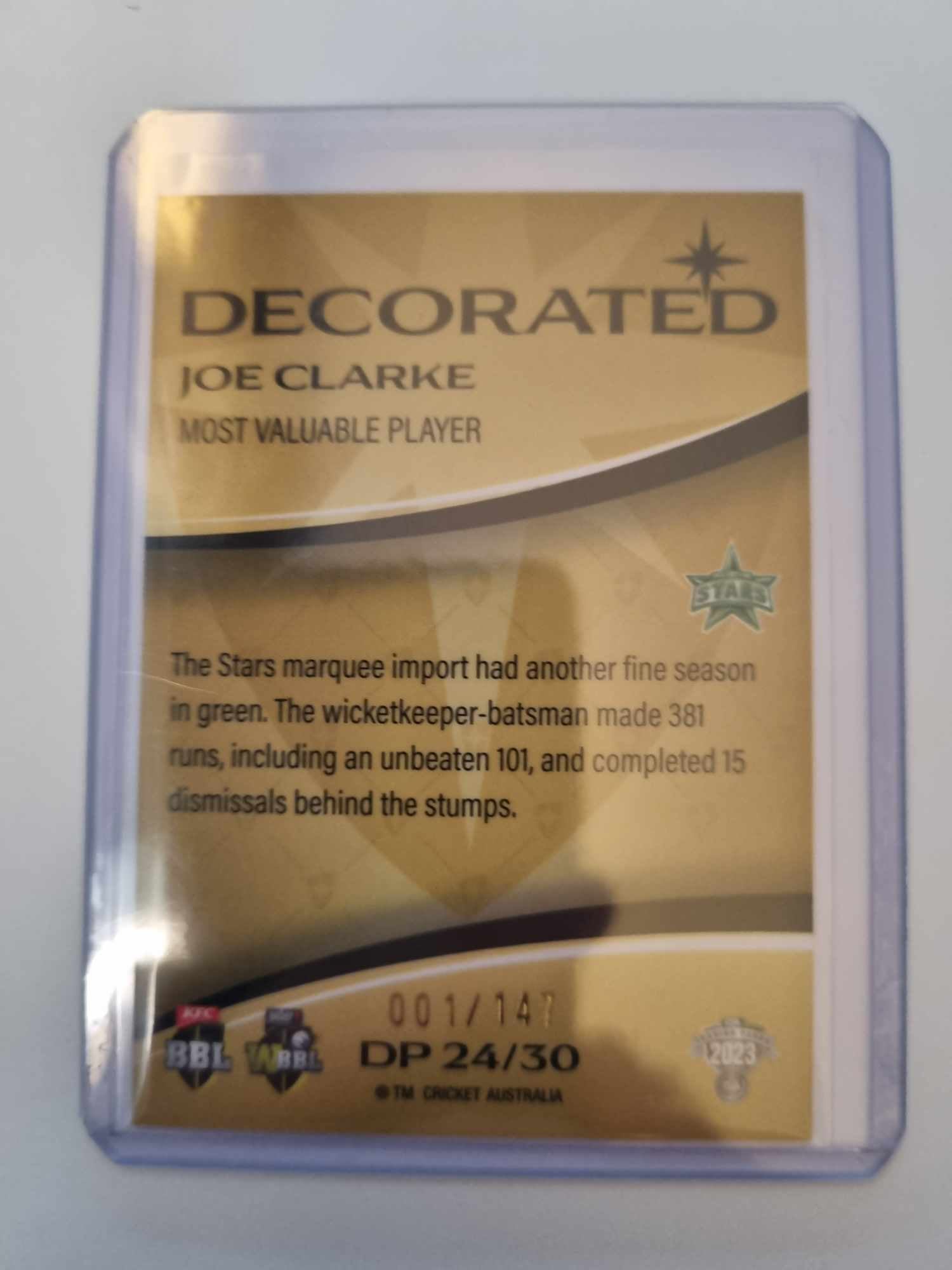 2023 Cricket Australia trading cards. Decorated Parallel insert series featuring Joe Clarke of the Stars #001/147.