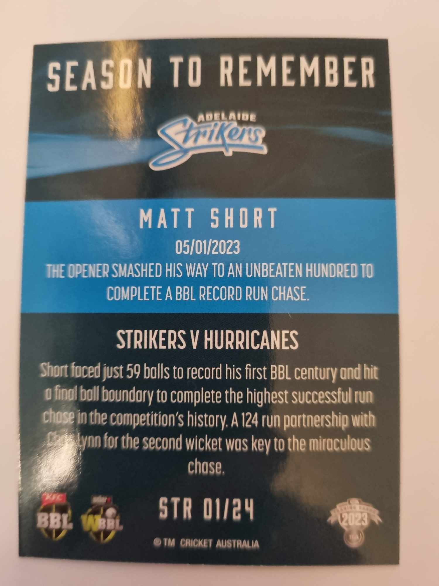 2023 Cricket Australia trading cards. 2022/23 Season to Remember insert series featuring Matt Short of the Strikers.