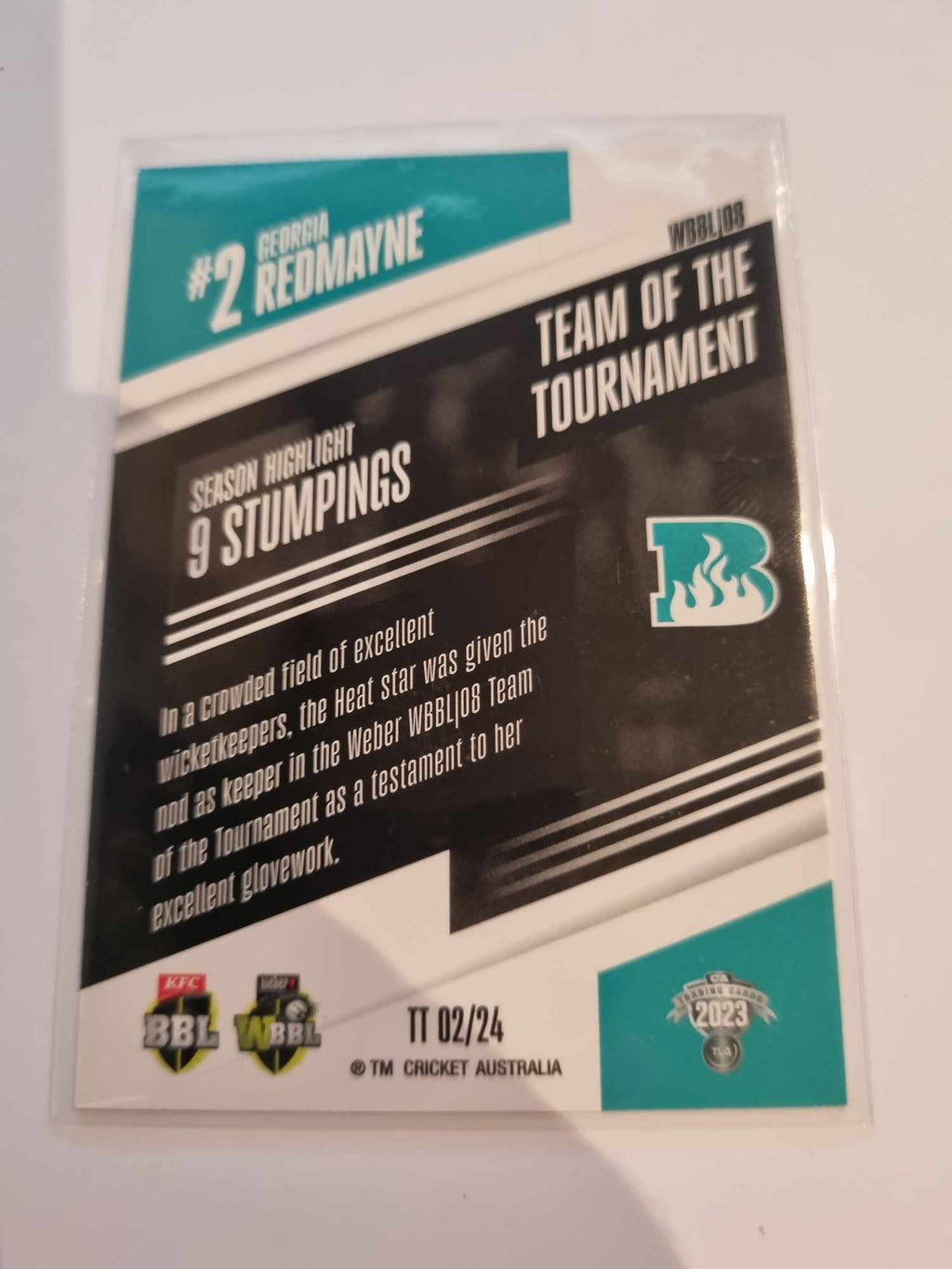 2023 Cricket Australia trading cards. 22/23 Team of the Tournament featuring Georgia Redmayne of the Heat.