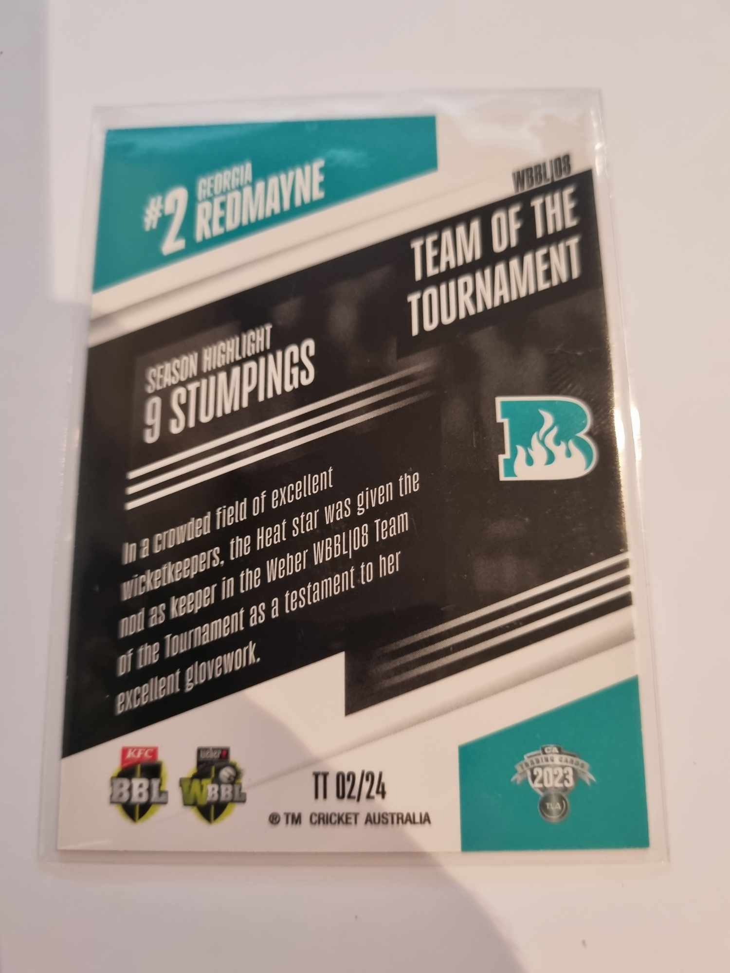 2023 Cricket Australia trading cards. 22/23 Team of the Tournament featuring Georgia Redmayne of the Heat.