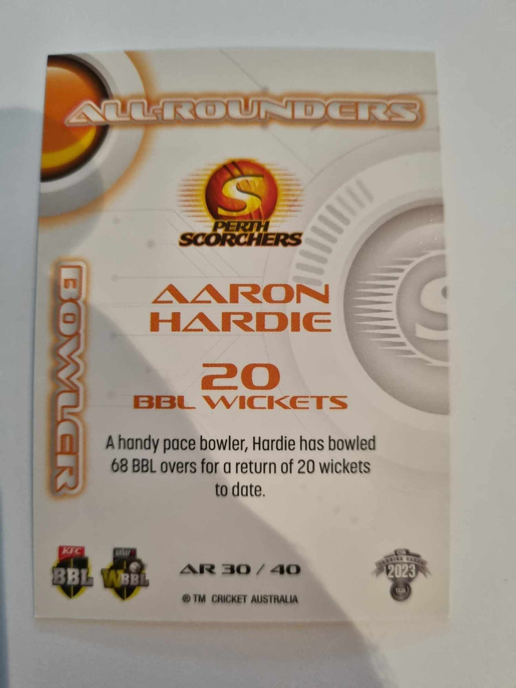 2023 Cricket Australia trading cards. All-Rounders insert series featuring Aaron Hardie of the Scorchers.