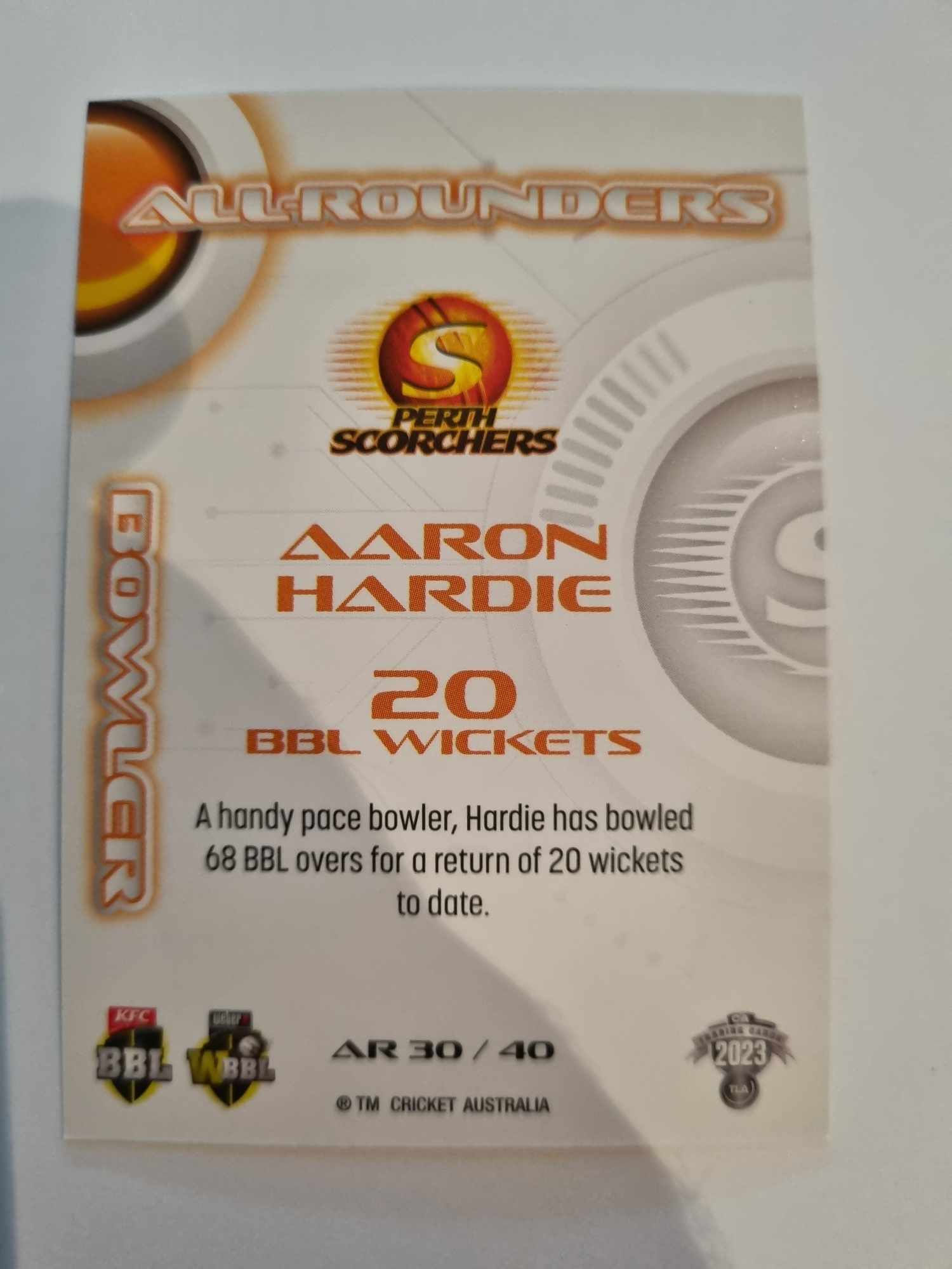 2023 Cricket Australia trading cards. All-Rounders insert series featuring Aaron Hardie of the Scorchers.