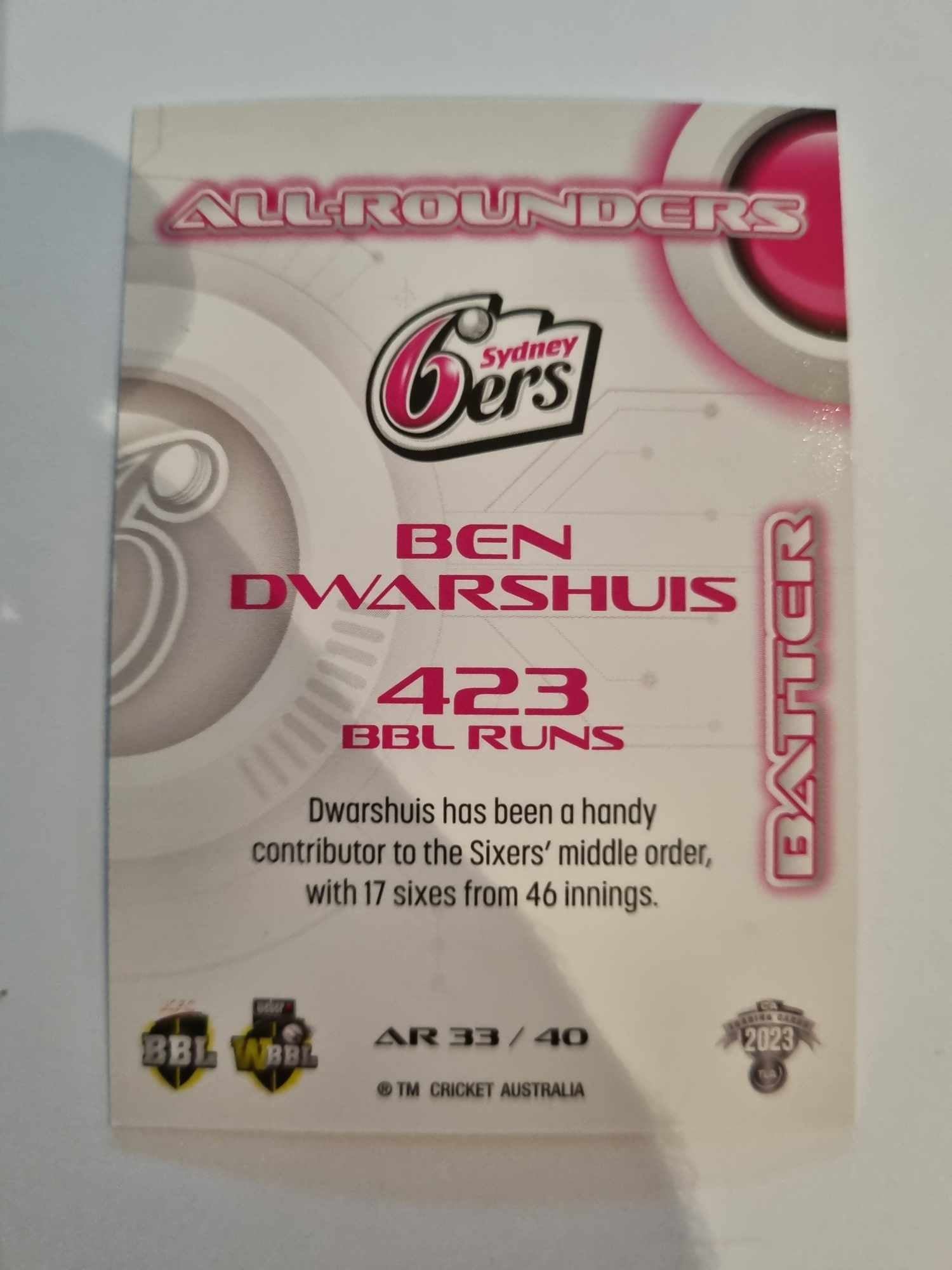 2023 Cricket Australia trading cards. All-Rounders insert series featuring Ben Dwarshuis of the Sixers.