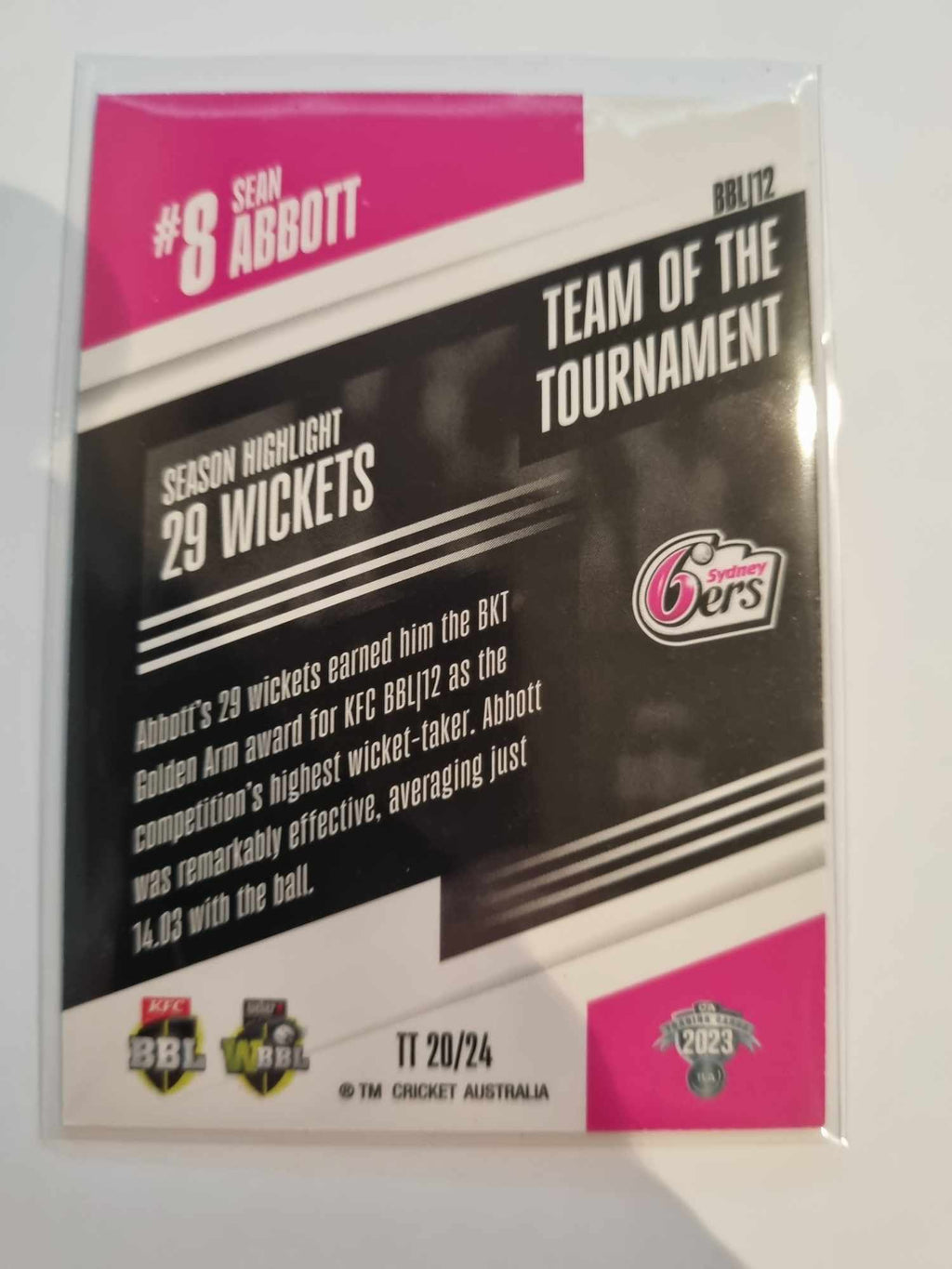 2023 Cricket Australia trading cards. 22/23 Team of the Tournament insert series featuring Sean Abbott of the Sixers.