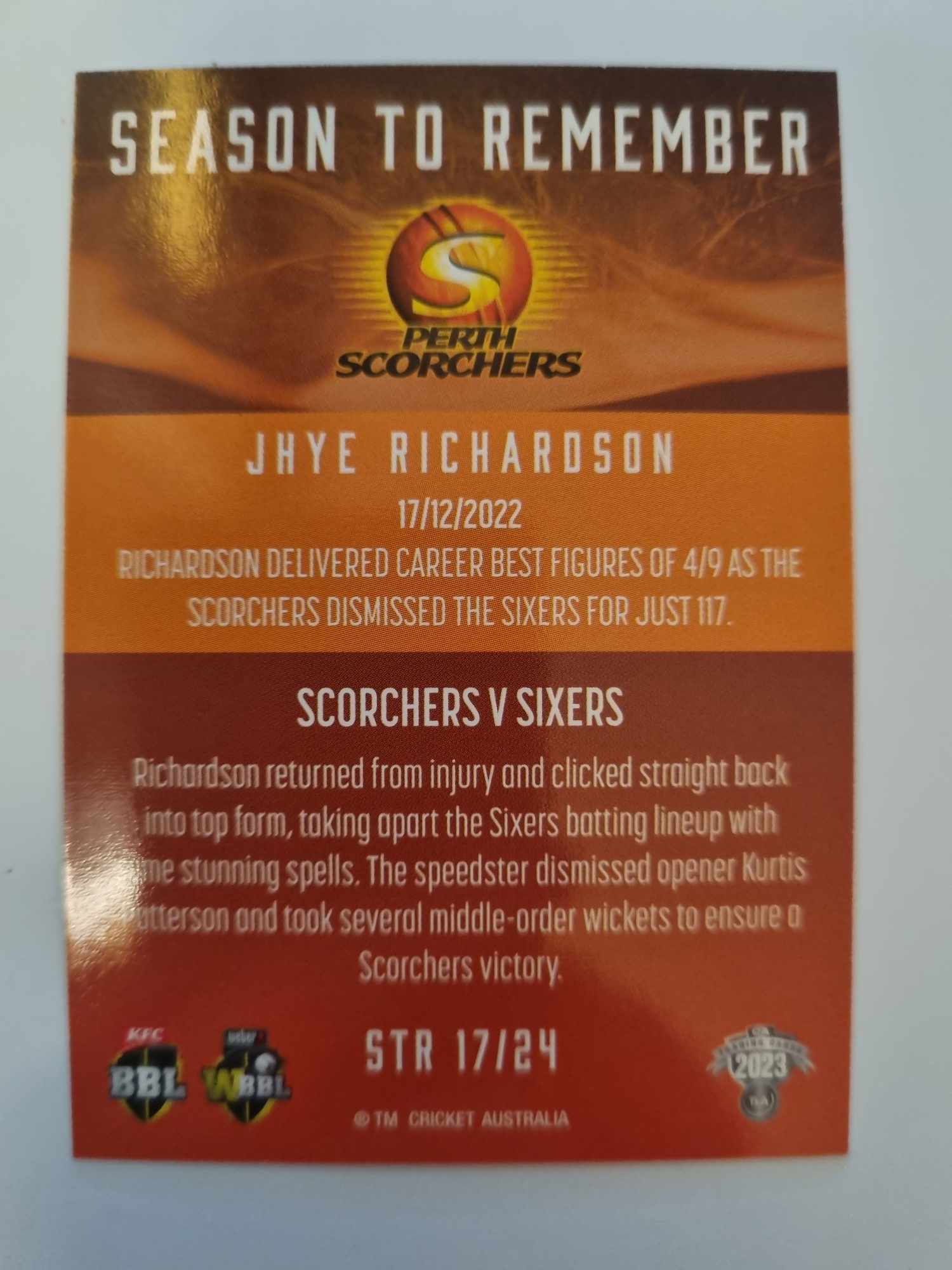 2023 Cricket Australia trading cards. 2022/23 Season to Remember insert series featuring Jhye Richardson of the Scorchers.