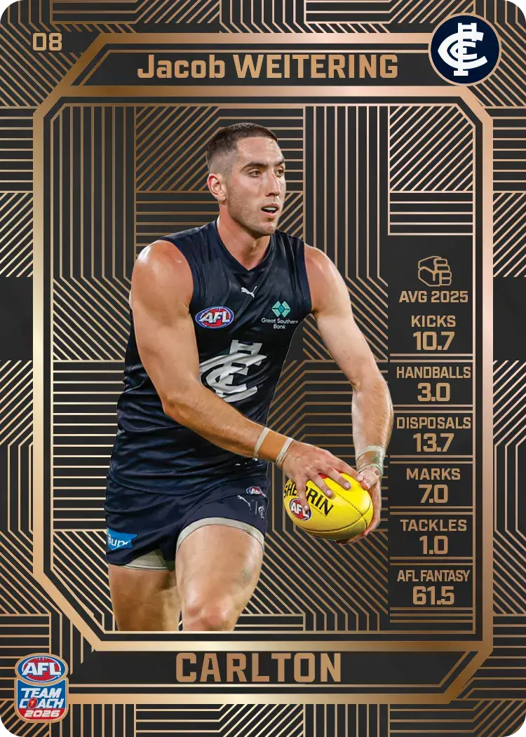 Teamcoach 2026 Base Bronze Card #08 Jacob Weitering - Carlton Blues