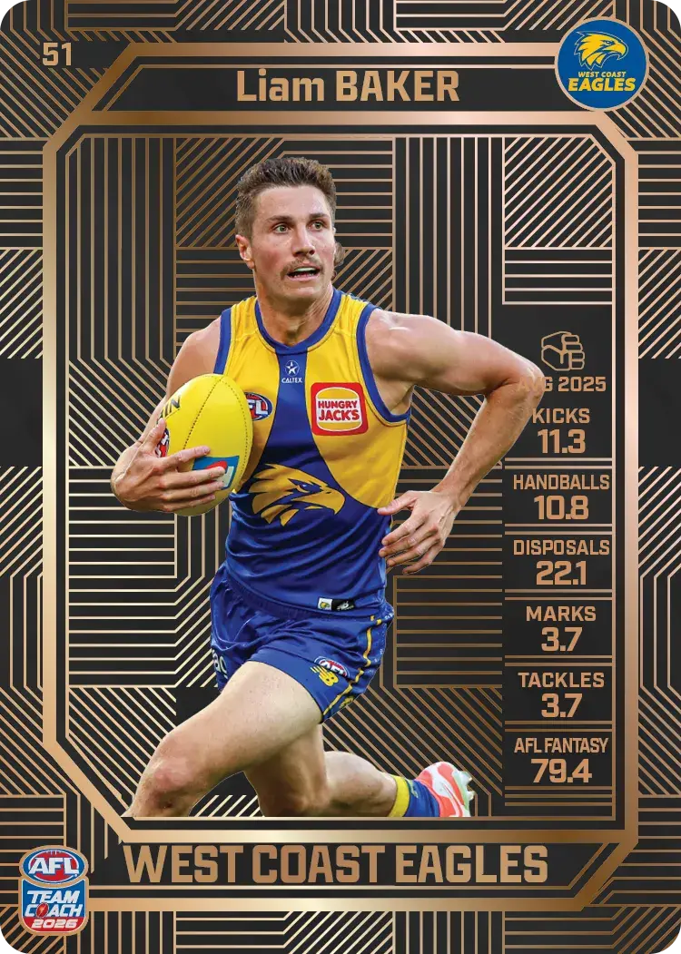 Teamcoach 2026 Base Bronze Card #51 Liam Baker - West Coast Eagles