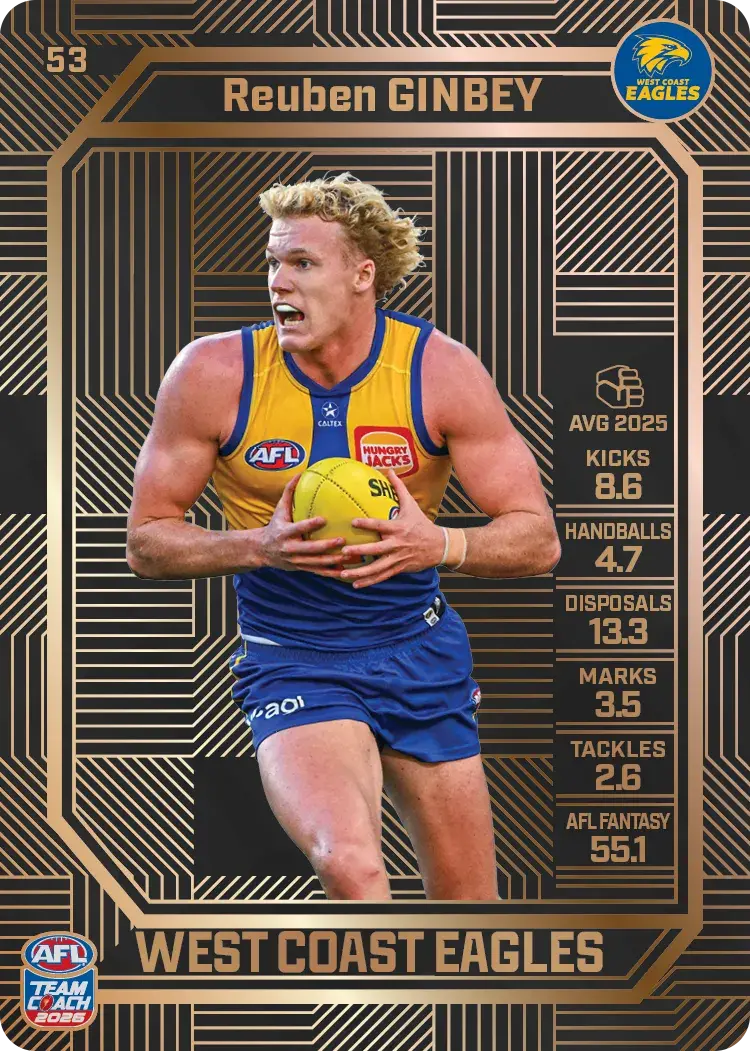 Teamcoach 2026 Base Bronze Card #53 Reuben Ginbey - West Coast Eagles