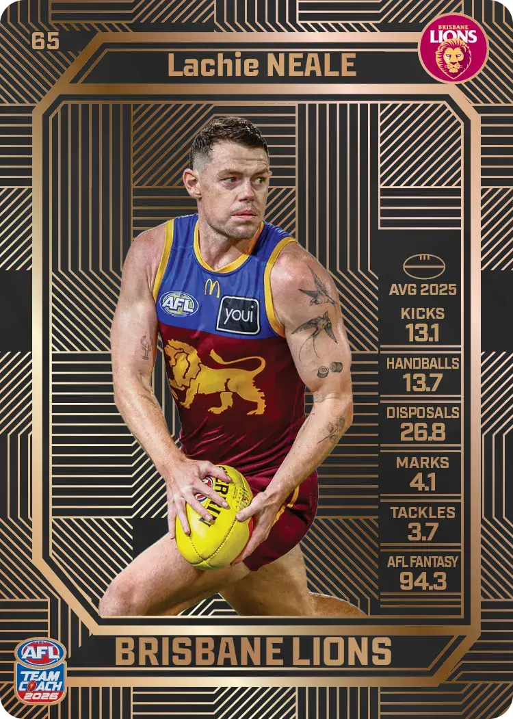 Teamcoach 2026 Base Bronze Card #65 Lachie Neale - Brisbane Lions