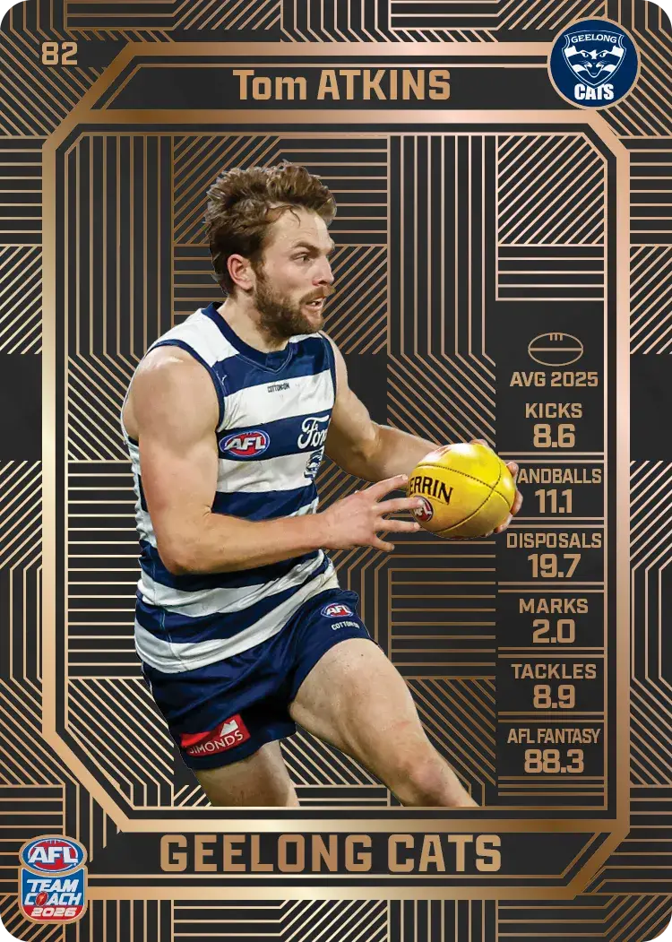 Teamcoach 2026 Base Bronze Card #82 Tom Atkins - Geelong