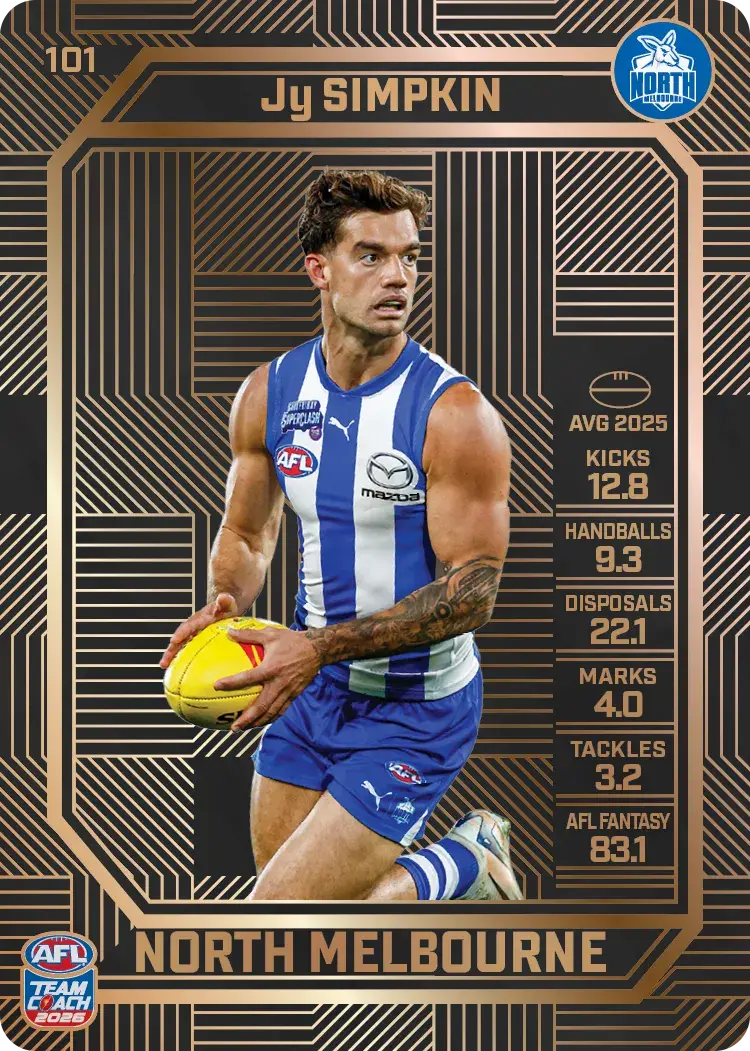 Teamcoach 2026 Base Bronze Card #101 Jy Simpkin - North Melbourne