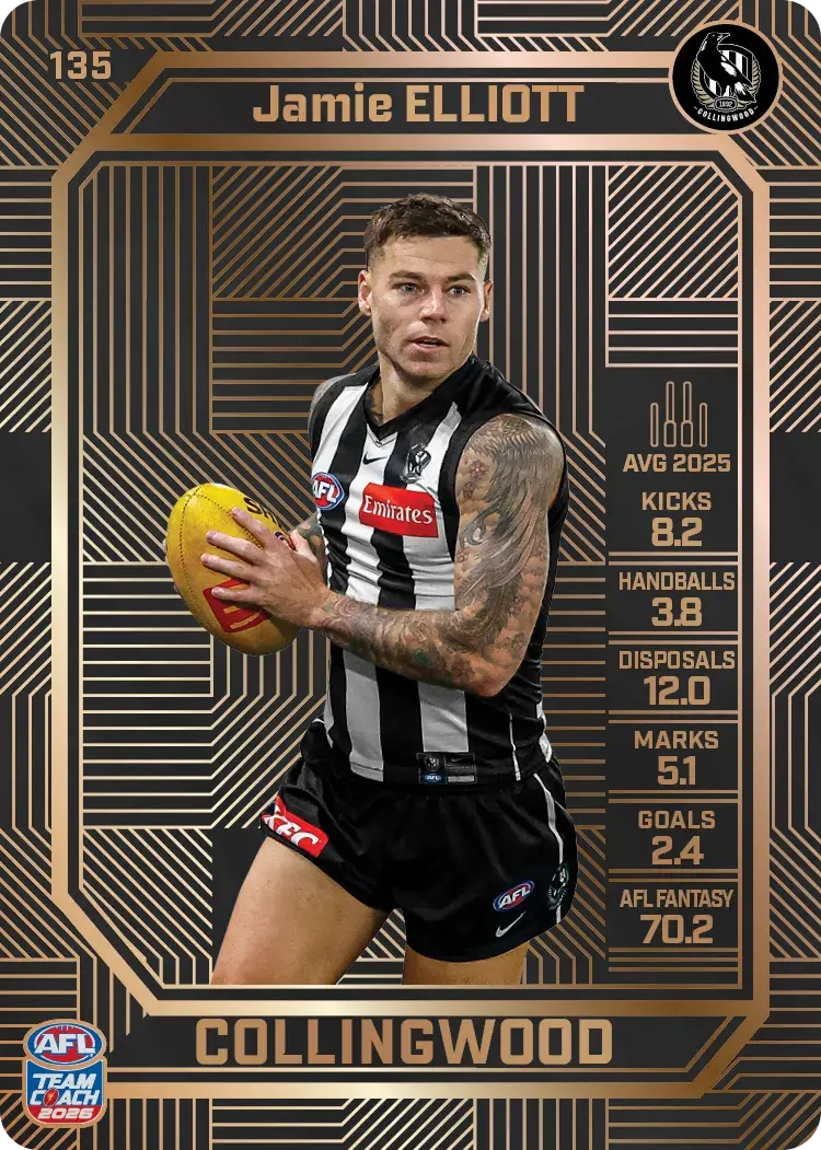 Teamcoach 2026 Base Bronze Card #135 Jamie Elliott - Collingwood