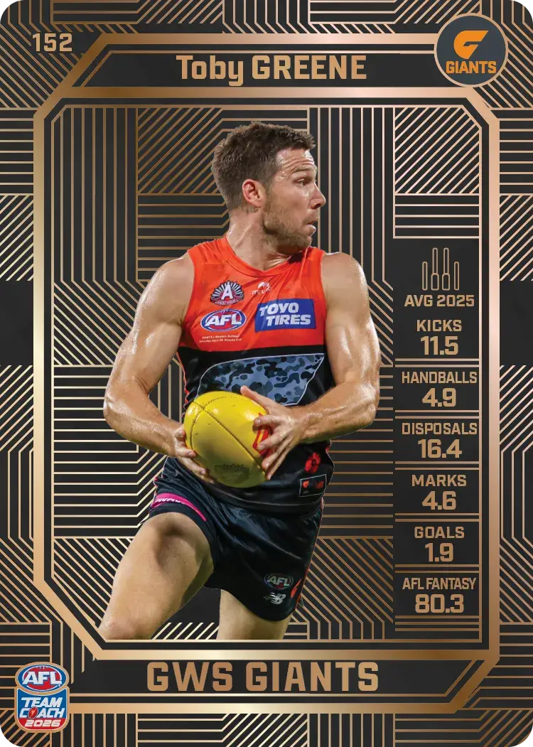 Teamcoach 2026 Base Bronze Card #152 Toby Greene - GWS Giants