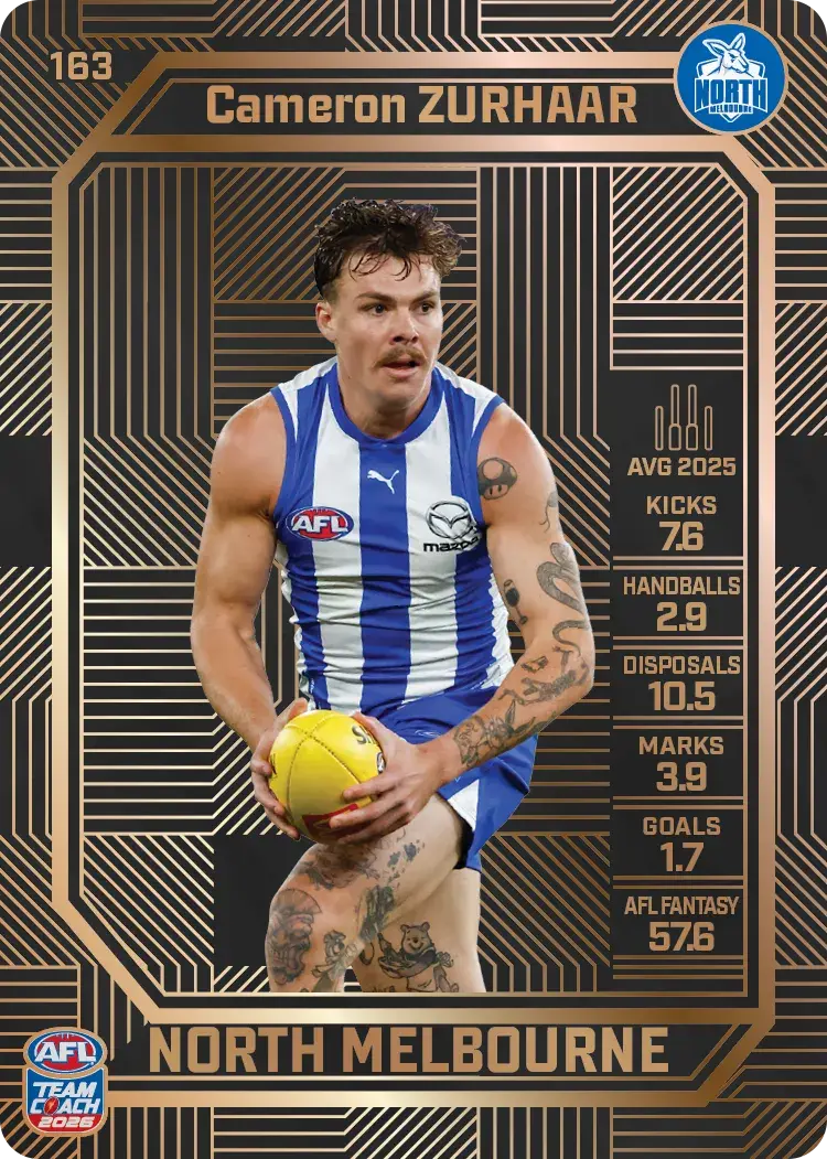 Teamcoach 2026 Base Bronze Card #163 Cameron Zurhaar - North Melbourne
