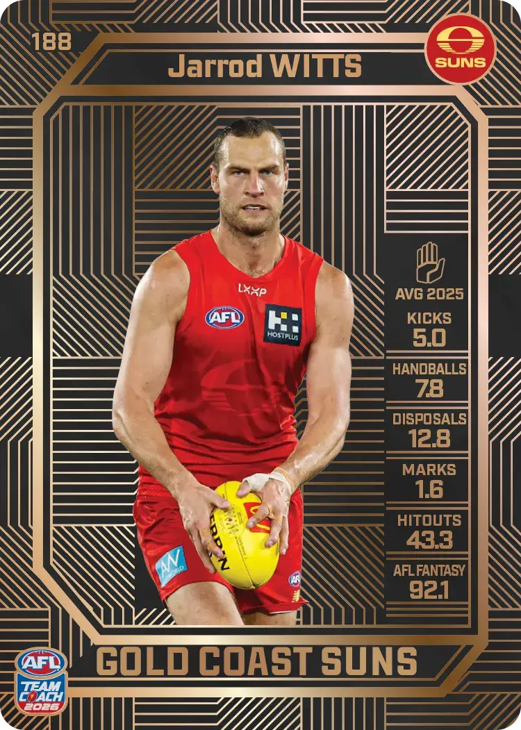 Teamcoach 2026 Base Bronze Card #188 Jarrod Witts - Gold Coast Suns