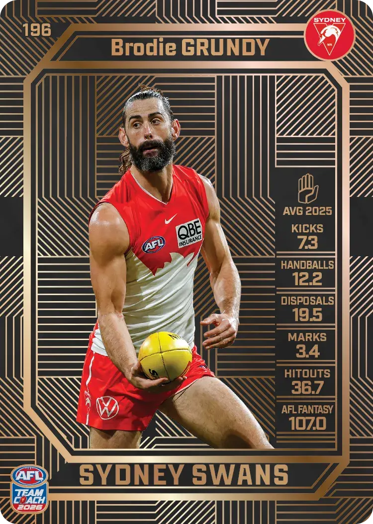 Teamcoach 2026 Base Bronze Card #196 Brodie Grundy - Sydney Swans