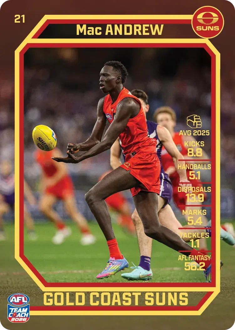 Teamcoach 2026 Base Common Card #21 Mac Andrew - Gold Coast Suns