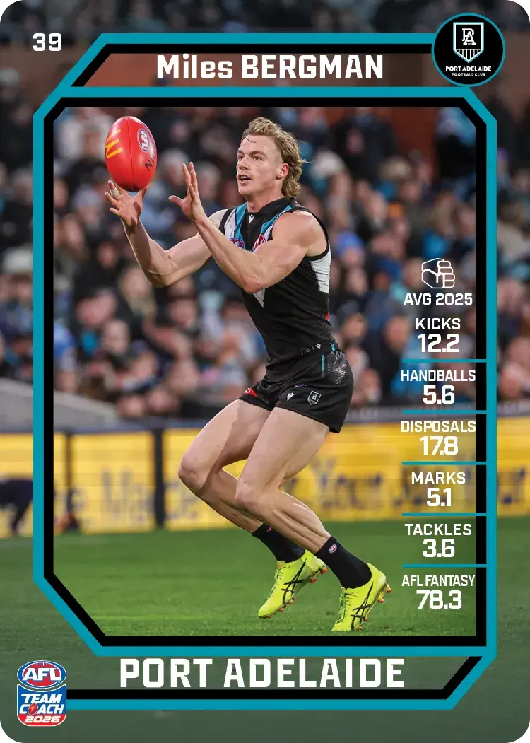 Teamcoach 2026 Base Common Card #39 Miles Bergman - Port Adelaide