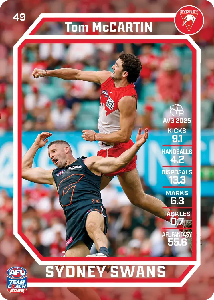 Teamcoach 2026 Base Common Card #49 Tom McCartin - Sydney Swans