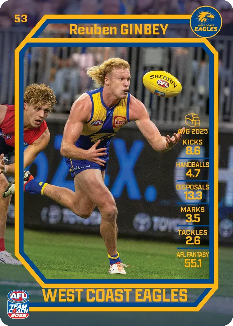 Teamcoach 2026 Base Common Card #53 Reuben Ginbey - West Coast Eagles