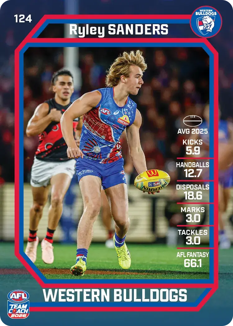 Teamcoach 2026 Base Common Card #124 Ryley Sanders - Western Bulldogs