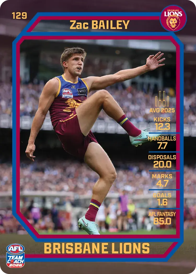 Teamcoach 2026 Base Common Card #129 Zac Bailey - Brisbane Lions