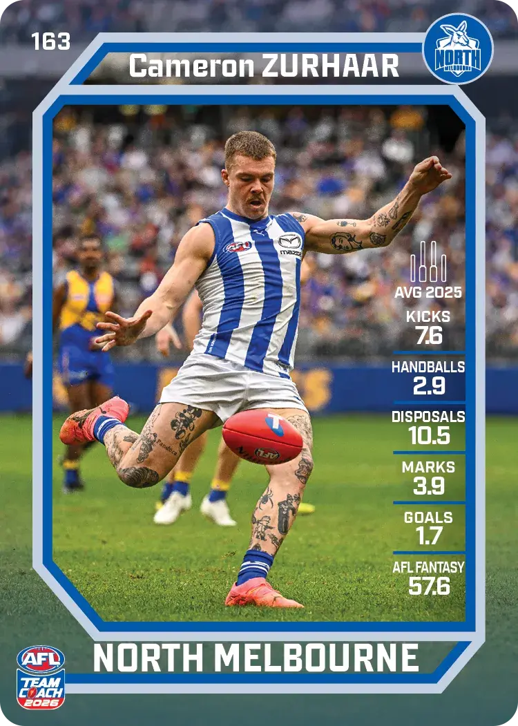 Teamcoach 2026 Base Common Card #163 Cameron Zurhaar - North Melbourne