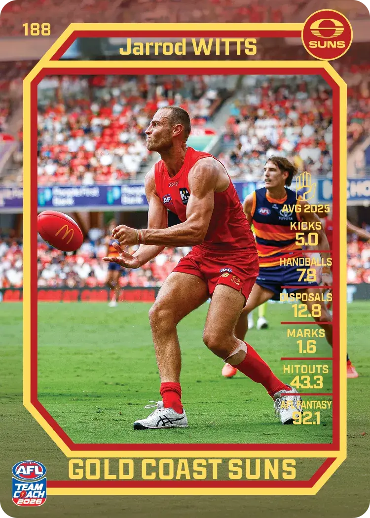 Teamcoach 2026 Base Common Card #188 Jarrod Witts - Gold Coast Suns