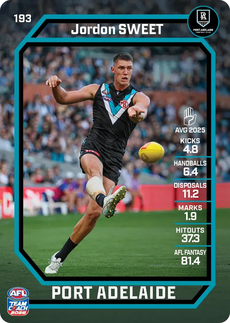 Teamcoach 2026 Base Common Card #193 Jordon Sweet - Port Adelaide