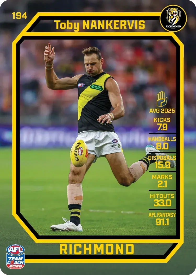 Teamcoach 2026 Base Common Card #194 Toby Nankervis - Richmond