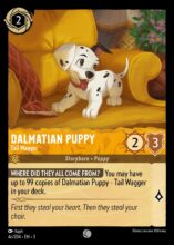Disney Lorcana: Into the Inklands set 3. Dalmatian Puppy "Tail Wagger" common trading card.