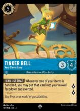 Disney Lorcana: Into the Inklands set 3. Tinker Bell "Very Clever Fairy" super rare trading card.