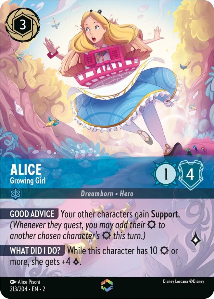 Disney Lorcana Set 2 Rise of the Floodborn. Alice "Growing Girl" Enchanted card.