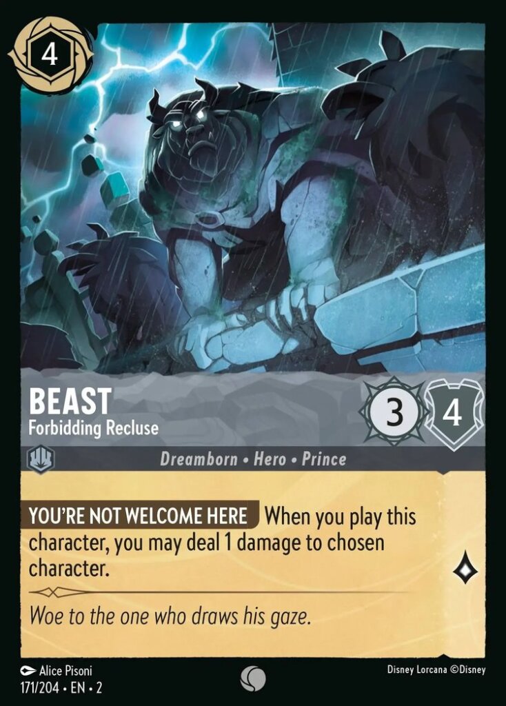 Disney Lorcana Set 2 Rise of the Floodborn. Beast "Forbidding Recluse" common trading card.