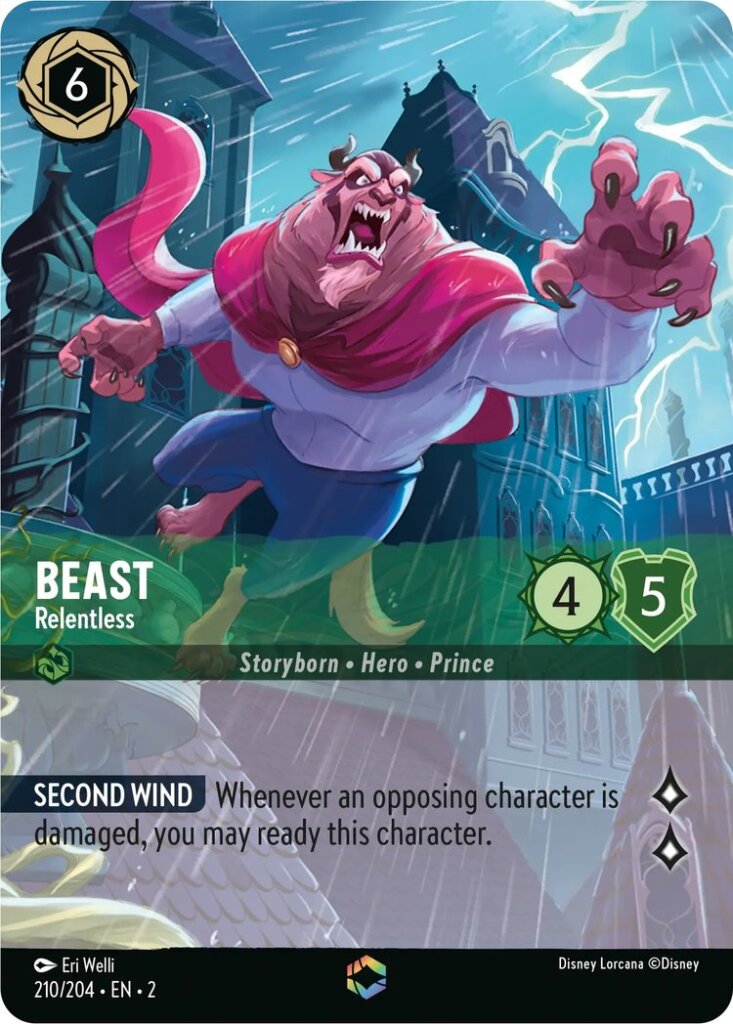 Disney Lorcana Set 2 Rise of the Floodborn. Beast "Relentless" Enchanted card.