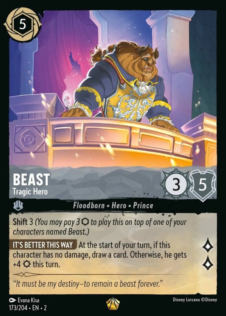 Disney Lorcana Set 2 Rise of the Floodborn. Beast "Tragic Hero" legendary trading card.